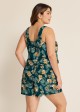 Green Swimming Costume Tropical Floral Scoop Neck Wide Strap Pocket Plus Size Swim Romper