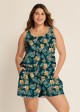 Green Swimming Costume Tropical Floral Scoop Neck Wide Strap Pocket Plus Size Swim Romper