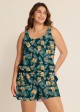 Green Swimming Costume Tropical Floral Scoop Neck Wide Strap Pocket Plus Size Swim Romper
