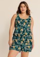 Green Swimming Costume Tropical Floral Scoop Neck Wide Strap Pocket Plus Size Swim Romper
