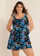 Blue One Piece Swim Romper Floral Scoop Neck Wide Strap Pocket Swimwear