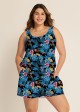 Blue One Piece Swim Romper Floral Scoop Neck Wide Strap Pocket Swimwear