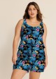 Blue One Piece Swim Romper Floral Scoop Neck Wide Strap Pocket Swimwear