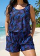 Purple Leaf Black Swimming Costume Scoop Neck Wide Straps and Pocket One Piece Swim Romper