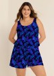 Purple Leaf Black Swimming Costume Scoop Neck Wide Straps and Pocket One Piece Swim Romper