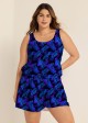 Purple Leaf Black Swimming Costume Scoop Neck Wide Straps and Pocket One Piece Swim Romper