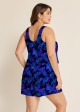Purple Leaf Black Swimming Costume Scoop Neck Wide Straps and Pocket One Piece Swim Romper