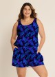 Purple Leaf Black Swimming Costume Scoop Neck Wide Straps and Pocket One Piece Swim Romper