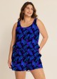 Purple Leaf Black Swimming Costume Scoop Neck Wide Straps and Pocket One Piece Swim Romper