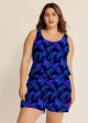 Purple Leaf Black Swimming Costume Scoop Neck Wide Straps and Pocket One Piece Swim Romper