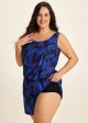Purple Leaf Black Swimming Costume Scoop Neck Wide Straps and Pocket One Piece Swim Romper