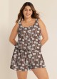 Brown Coconut Tree Print Swimwear Scoop Neck Wide Straps and Pocket One Piece Swim Romper