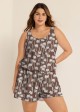 Brown Coconut Tree Print Swimwear Scoop Neck Wide Straps and Pocket One Piece Swim Romper