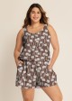 Brown Coconut Tree Print Swimwear Scoop Neck Wide Straps and Pocket One Piece Swim Romper