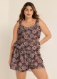 Plus Size Brown Ethnic Print Flattering Wide Straps Pocket Swimsuit One Piece Swim Romper
