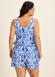 Curvy Blue And White Floral Vintage Wide Straps Pocket Swimsuit One Piece Swim Romper