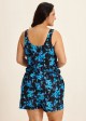 Plus Size Blue Floral Vintage Wide Straps Pocket Women's Swimsuit One Piece Swim Romper