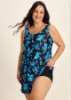 Plus Size Blue Floral Vintage Wide Straps Pocket Women's Swimsuit One Piece Swim Romper