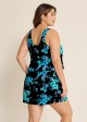 Plus Size Blue Floral Vintage Wide Straps Pocket Women's Swimsuit One Piece Swim Romper