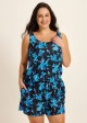 Plus Size Blue Floral Vintage Wide Straps Pocket Women's Swimsuit One Piece Swim Romper