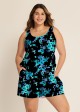 Plus Size Blue Floral Vintage Wide Straps Pocket Women's Swimsuit One Piece Swim Romper