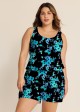 Plus Size Blue Floral Vintage Wide Straps Pocket Women's Swimsuit One Piece Swim Romper