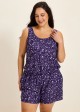 Purple Floral Modest Wide Straps Pocket Plus Size Women's Swimsuit One Piece Swim Romper