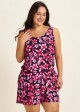 Plus Size Pink Floral Modest Wide Straps Pocket Women's Swimsuit One Piece Swim Romper