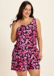Plus Size Pink Floral Modest Wide Straps Pocket Women's Swimsuit One Piece Swim Romper