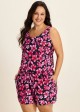 Plus Size Pink Floral Modest Wide Straps Pocket Women's Swimsuit One Piece Swim Romper
