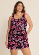 Plus Size Pink Floral Modest Wide Straps Pocket Women's Swimsuit One Piece Swim Romper