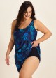 Curvy Navy Floral Vintage Wide Straps Pocket Women's Swimsuit One Piece Swim Romper