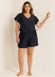 Black Short Sleeves Pocket Curvy 1 Piece Bathing Suits Romper One Piece Swimsuit
