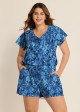 Blue Leaf V Neck Upf50+ Short Sleeves Vintage Pocket Curvy Swimsuit One Piece Swim Romper