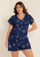 Curvy Navy Blue Floral Print Upf50+ Short Sleeves Pocket Swimsuit One Piece Swim Romper
