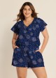 Curvy Navy Blue Floral Print Upf50+ Short Sleeves Pocket Swimsuit One Piece Swim Romper