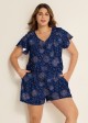 Curvy Navy Blue Floral Print Upf50+ Short Sleeves Pocket Swimsuit One Piece Swim Romper