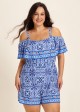 Curvy Blue Floral Print Off The Shoulder Flattering Ruffle Swimsuit One Piece Swim Romper