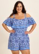 Curvy Blue Floral Print Off The Shoulder Flattering Ruffle Swimsuit One Piece Swim Romper