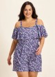 Purple Floral Print Flattering Off Shoulder Ruffled Plus Size Swimsuit One Piece Swim Romper