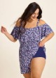 Purple Floral Print Flattering Off Shoulder Ruffled Plus Size Swimsuit One Piece Swim Romper