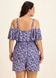 Purple Floral Print Flattering Off Shoulder Ruffled Plus Size Swimsuit One Piece Swim Romper