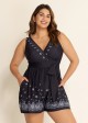 Plus Size Black Paisley Print Pocket Lace Up V Neck Wrap One Piece Swimsuit Swim Romper