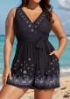 Plus Size Black Paisley Print Pocket Lace Up V Neck Wrap One Piece Swimsuit Swim Romper