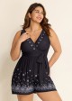 Plus Size Black Paisley Print Pocket Lace Up V Neck Wrap One Piece Swimsuit Swim Romper
