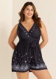 Plus Size Black Paisley Print Pocket Lace Up V Neck Wrap One Piece Swimsuit Swim Romper