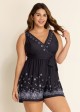 Plus Size Black Paisley Print Pocket Lace Up V Neck Wrap One Piece Swimsuit Swim Romper