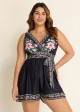 Black Floral Pocket Lace Up V Neck Wrap Curvy One Piece Swimsuit Swim Romper