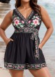 Black Floral Pocket Lace Up V Neck Wrap Curvy One Piece Swimsuit Swim Romper