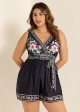 Black Floral Pocket Lace Up V Neck Wrap Curvy One Piece Swimsuit Swim Romper